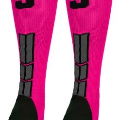 MadSportsStuff Neon Pink And Black Player ID Custom Number Over The Calf Socks For Softball Baseball Football Boys And Girls Baseball Socks