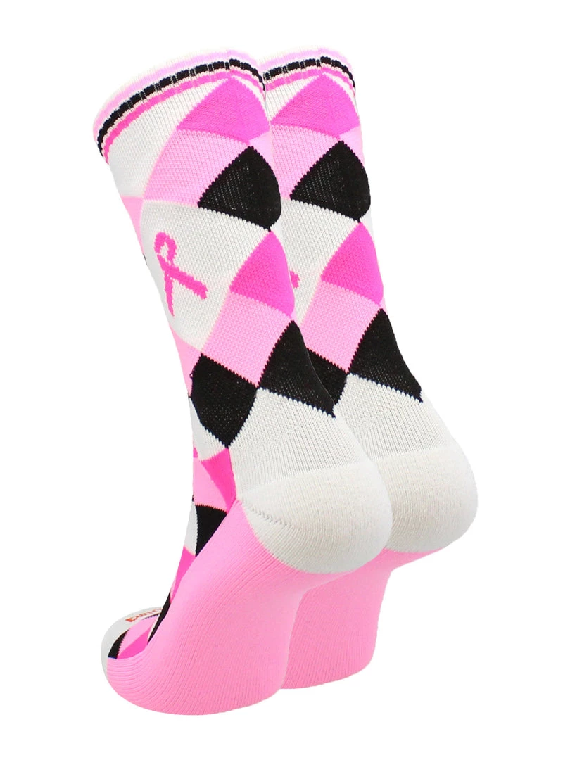 TCK Breast Cancer Awareness Ribbon Argyle Crew Socks Pink Black 2 TCK Breast Cancer Awareness Ribbon Argyle Crew Socks Pink Black