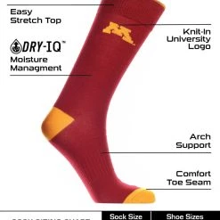 TCK All Schools Minnesota Golden Gophers Dress Socks Dean's List Crew Length Socks