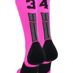 MadSportsStuff Neon Pink And Black Player ID Custom Number Crew Socks For Basketball Lacrosse Volleyball Boys And Girls