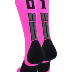 MadSportsStuff Neon Pink And Black Player ID Custom Number Crew Socks For Basketball Lacrosse Volleyball Boys And Girls Lacrosse Socks