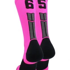 MadSportsStuff Neon Pink And Black Player ID Custom Number Crew Socks For Basketball Lacrosse Volleyball Boys And Girls Lacrosse Socks