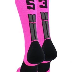 MadSportsStuff Neon Pink And Black Player ID Custom Number Crew Socks For Basketball Lacrosse Volleyball Boys And Girls