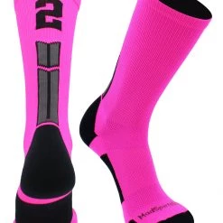 MadSportsStuff Neon Pink And Black Player ID Custom Number Crew Socks For Basketball Lacrosse Volleyball Boys And Girls