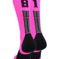 MadSportsStuff Neon Pink And Black Player ID Custom Number Crew Socks For Basketball Lacrosse Volleyball Boys And Girls Lacrosse Socks