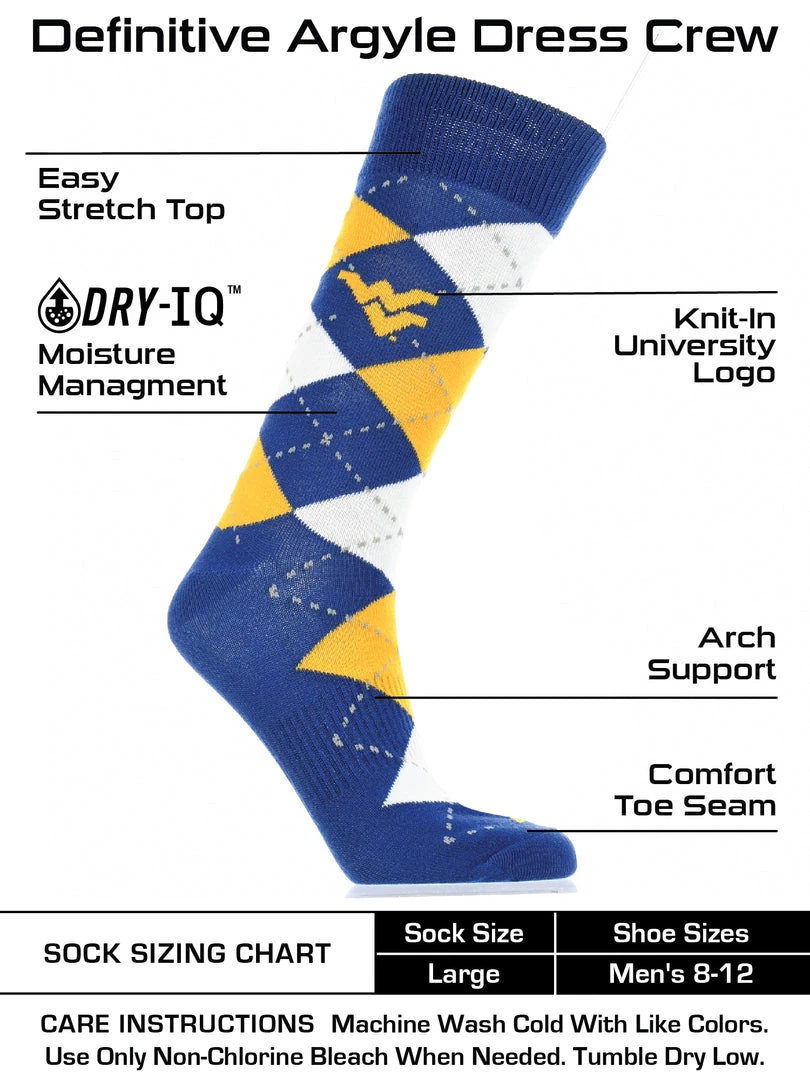 TCK West Virginia Mountaineers Argyle Dress Socks NCAA Fanwear Crew Length All Schools 3 TCK West Virginia Mountaineers Argyle Dress Socks NCAA Fanwear Crew Length All Schools