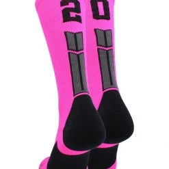 MadSportsStuff Neon Pink And Black Player ID Custom Number Crew Socks For Basketball Lacrosse Volleyball Boys And Girls Lacrosse Socks
