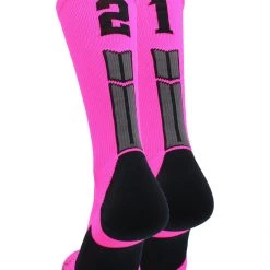 MadSportsStuff Neon Pink And Black Player ID Custom Number Crew Socks For Basketball Lacrosse Volleyball Boys And Girls
