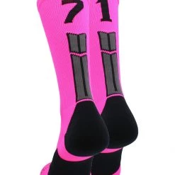MadSportsStuff Neon Pink And Black Player ID Custom Number Crew Socks For Basketball Lacrosse Volleyball Boys And Girls Lacrosse Socks