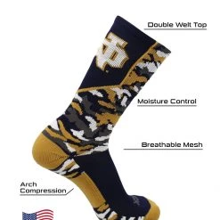 TCK University Of Notre Dame Socks Fighting Irish Woodland Camo Crew Length