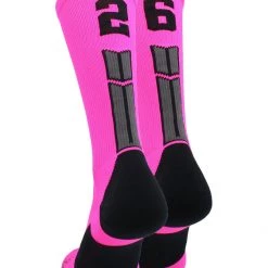 MadSportsStuff Neon Pink And Black Player ID Custom Number Crew Socks For Basketball Lacrosse Volleyball Boys And Girls