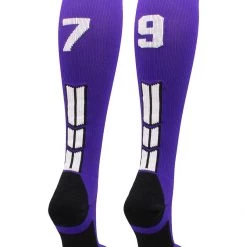 MadSportsStuff Purple Player ID Custom Number Over The Calf Socks For Softball Baseball Football Boys And Girls Softball Socks