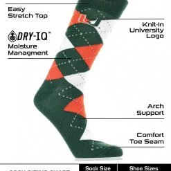 TCK Miami Hurricanes Argyle Dress Socks NCAA Fanwear Crew Length All Schools