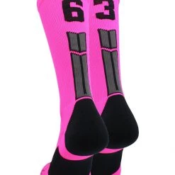MadSportsStuff Neon Pink And Black Player ID Custom Number Crew Socks For Basketball Lacrosse Volleyball Boys And Girls Lacrosse Socks