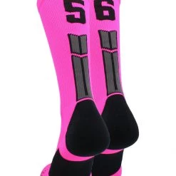 MadSportsStuff Neon Pink And Black Player ID Custom Number Crew Socks For Basketball Lacrosse Volleyball Boys And Girls Lacrosse Socks