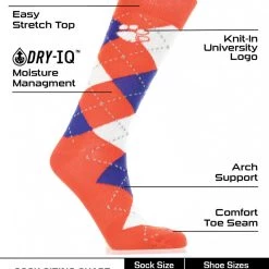 TCK Clemson Tigers Argyle Dress Socks NCAA Fanwear Crew Length