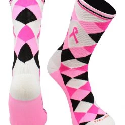 TCK Breast Cancer Awareness Ribbon Argyle Crew Socks Pink Black 11 TCK Breast Cancer Awareness Ribbon Argyle Crew Socks Pink Black