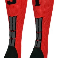 MadSportsStuff Baseball Socks Red And Black Player ID Custom Number Over The Calf Socks For Softball Baseball Football Boys And Girls