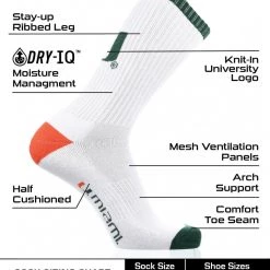 TCK Miami Hurricanes Socks Basic Crew White Socks 6 TCK Miami Hurricanes Socks Basic Crew White Socks