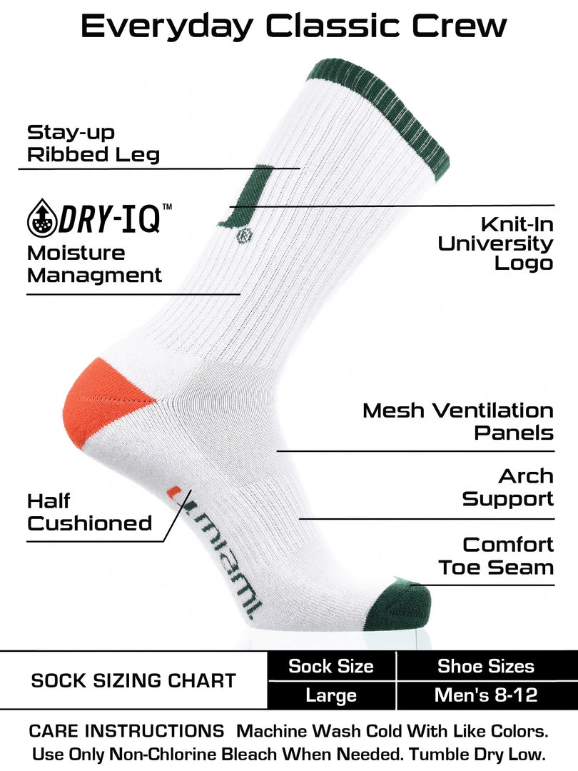 TCK Miami Hurricanes Socks Basic Crew White Socks 3 TCK Miami Hurricanes Socks Basic Crew White Socks