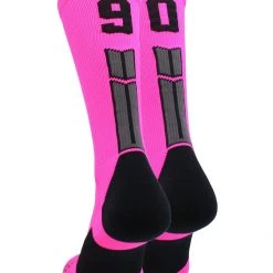 MadSportsStuff Neon Pink And Black Player ID Custom Number Crew Socks For Basketball Lacrosse Volleyball Boys And Girls