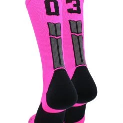 MadSportsStuff Neon Pink And Black Player ID Custom Number Crew Socks For Basketball Lacrosse Volleyball Boys And Girls Lacrosse Socks