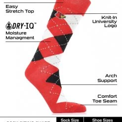 TCK Louisville Cardinals Argyle Dress Socks NCAA Fanwear Crew Length All Schools