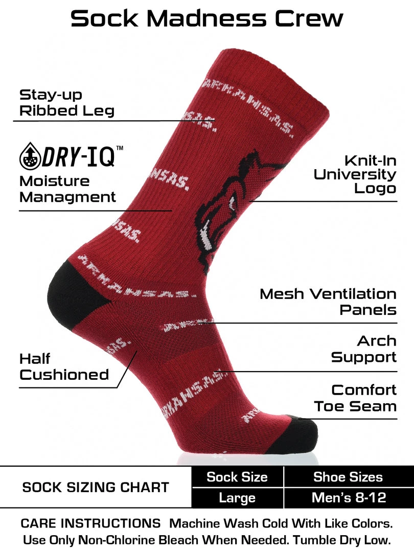 TCK Arkansas Razorbacks Socks Crew Length Sock Mayhem All Schools 3 TCK Arkansas Razorbacks Socks Crew Length Sock Mayhem All Schools