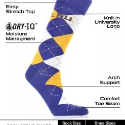 TCK LSU Tigers Argyle Dress Socks NCAA Fanwear Crew Length All Schools