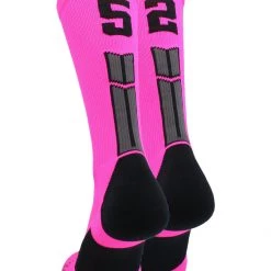 MadSportsStuff Neon Pink And Black Player ID Custom Number Crew Socks For Basketball Lacrosse Volleyball Boys And Girls Lacrosse Socks