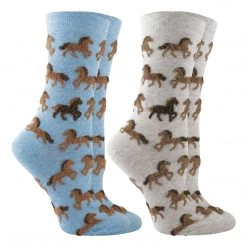 WHD Horse Socks For Women With Fuzzy Horses - Horse Lovers Gift - Equestrian Riding Socks - 2-Pack Crazy Socks - Crew
