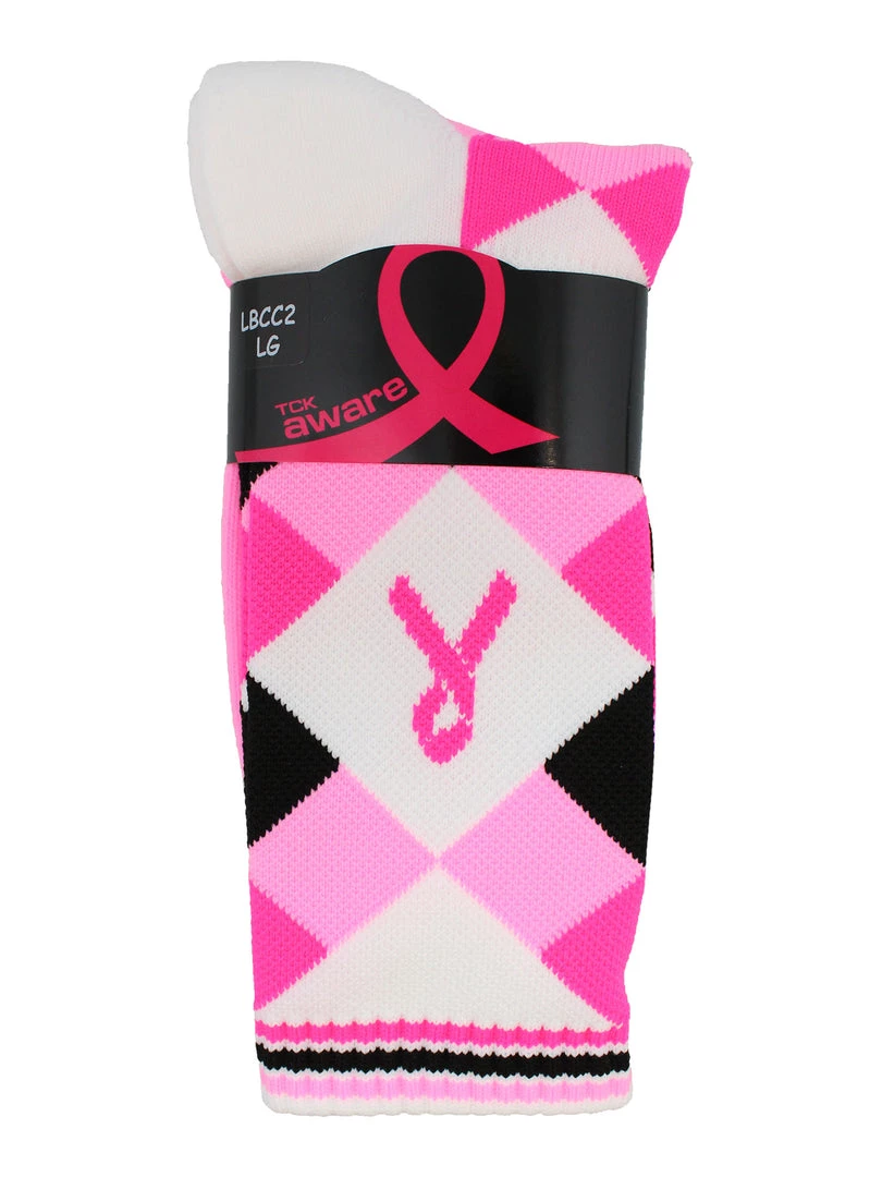 TCK Breast Cancer Awareness Ribbon Argyle Crew Socks Pink Black 3 TCK Breast Cancer Awareness Ribbon Argyle Crew Socks Pink Black