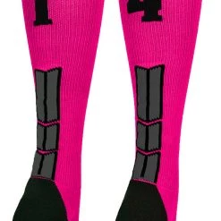 MadSportsStuff Baseball Socks Neon Pink And Black Player ID Custom Number Over The Calf Socks For Softball Baseball Football Boys And Girls