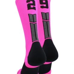 MadSportsStuff Neon Pink And Black Player ID Custom Number Crew Socks For Basketball Lacrosse Volleyball Boys And Girls Lacrosse Socks