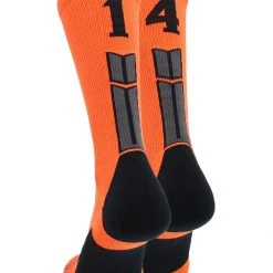 MadSportsStuff Volleyball Socks Orange And Black Player ID Custom Number Crew Socks For Basketball Lacrosse Volleyball Boys And Girls