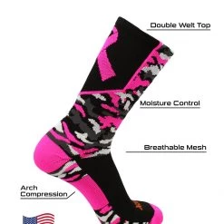 TCK Basketball Socks Woodland Camo Breast Cancer Awareness Crew Socks