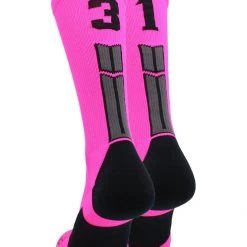 MadSportsStuff Neon Pink And Black Player ID Custom Number Crew Socks For Basketball Lacrosse Volleyball Boys And Girls
