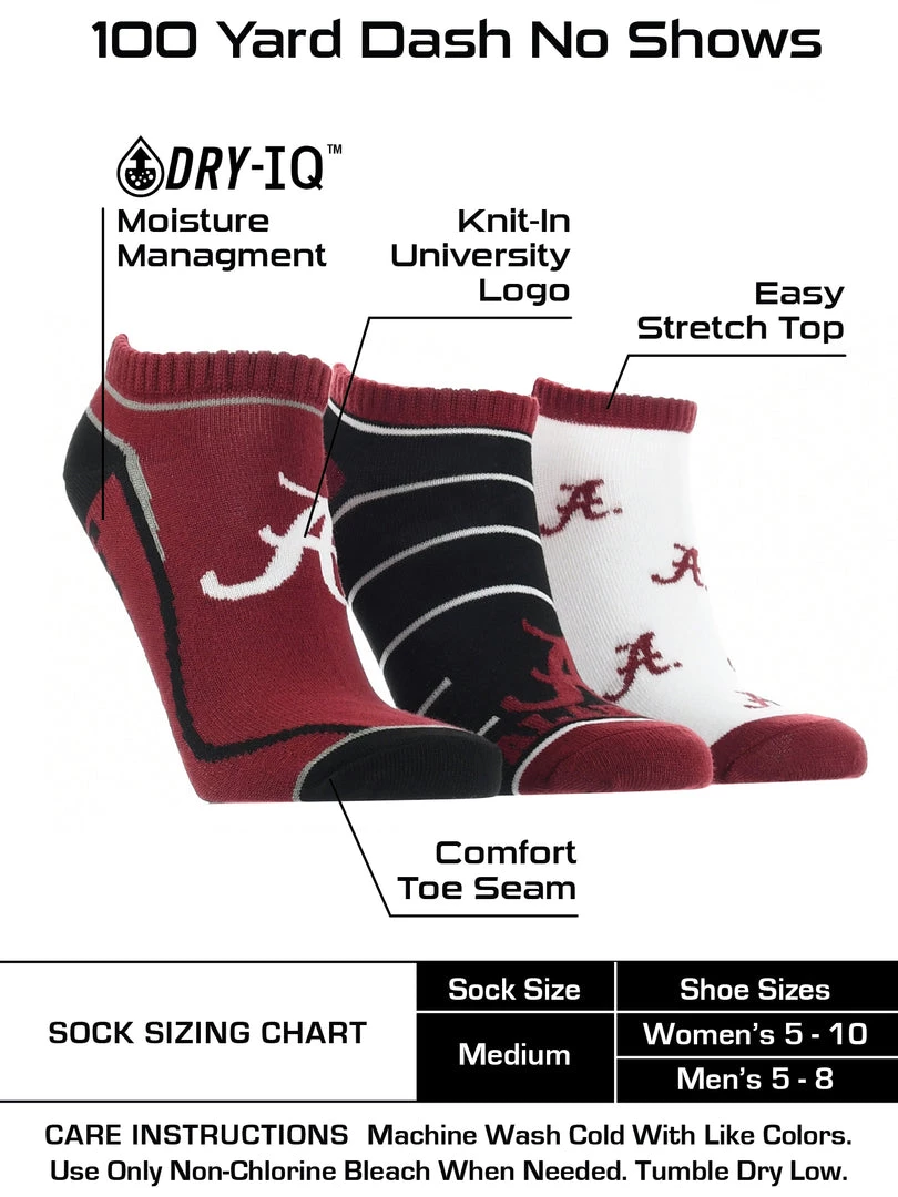 TCK Alabama Crimson Tide No Show Socks Full Field 3 Pack All Schools 3 TCK Alabama Crimson Tide No Show Socks Full Field 3 Pack All Schools