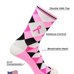 TCK Breast Cancer Awareness Ribbon Argyle Crew Socks Pink Black 9 TCK Breast Cancer Awareness Ribbon Argyle Crew Socks Pink Black