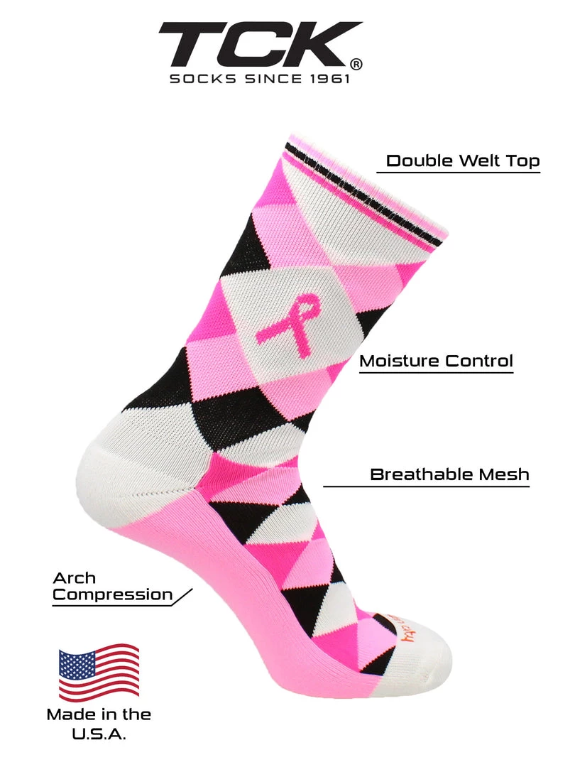 TCK Breast Cancer Awareness Ribbon Argyle Crew Socks Pink Black 4 TCK Breast Cancer Awareness Ribbon Argyle Crew Socks Pink Black
