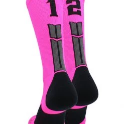 MadSportsStuff Neon Pink And Black Player ID Custom Number Crew Socks For Basketball Lacrosse Volleyball Boys And Girls Lacrosse Socks
