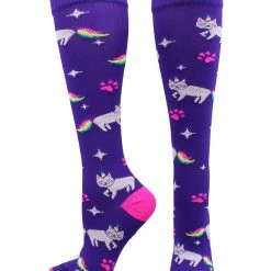 MadSportsStuff Caticorn Over The Calf Socks Half Cat Half Unicorn Socks Neon Rainbow Softball Socks