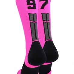 MadSportsStuff Neon Pink And Black Player ID Custom Number Crew Socks For Basketball Lacrosse Volleyball Boys And Girls