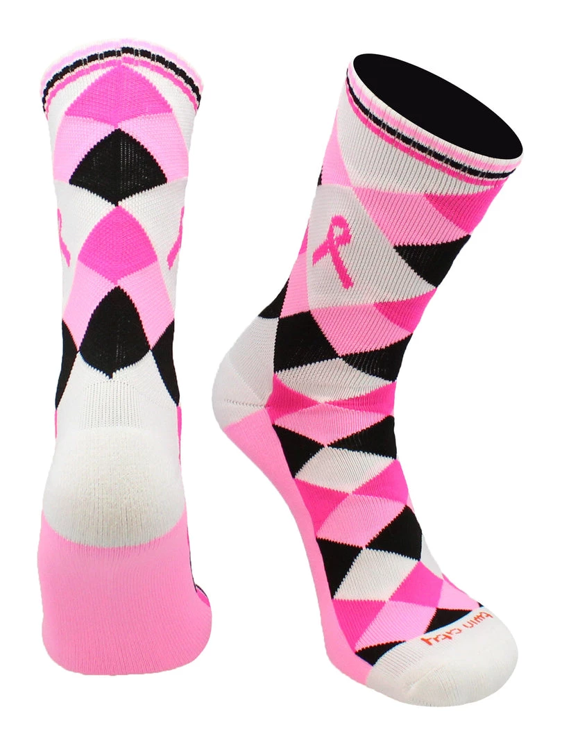 TCK Breast Cancer Awareness Ribbon Argyle Crew Socks Pink Black 1 TCK Breast Cancer Awareness Ribbon Argyle Crew Socks Pink Black