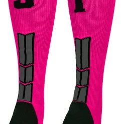 MadSportsStuff Baseball Socks Neon Pink And Black Player ID Custom Number Over The Calf Socks For Softball Baseball Football Boys And Girls