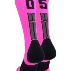 MadSportsStuff Neon Pink And Black Player ID Custom Number Crew Socks For Basketball Lacrosse Volleyball Boys And Girls