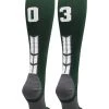 MadSportsStuff Dark Green Player ID Custom Number Over The Calf Socks For Softball Baseball Football Boys And Girls Softball Socks